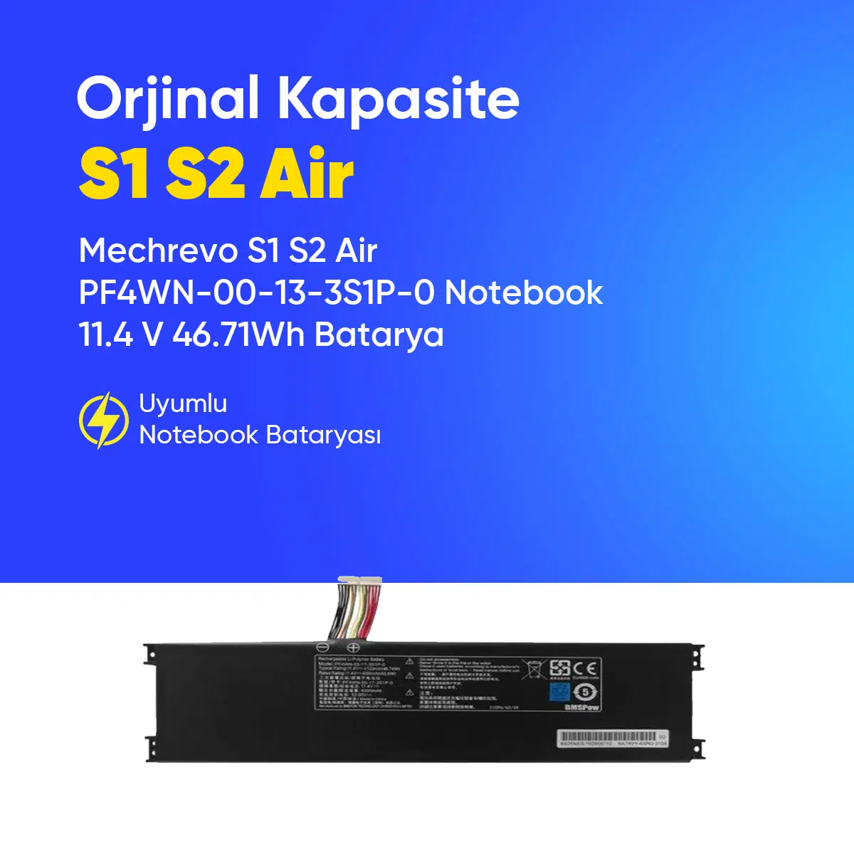 Mechrevo S1 S2 Air PF4WN-00-13-3S1P-0 Notebook 11.4 V 46.71Wh Batarya – Orjinal Uyumlu, Yüksek Performanslı