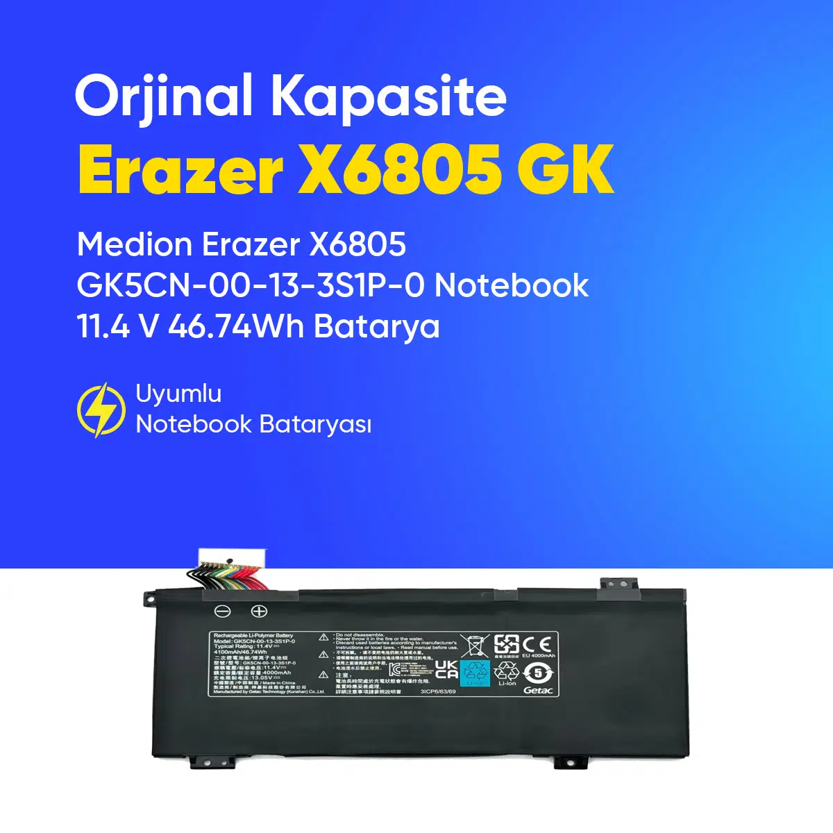 Medion Erazer X6805 GK5CN-00-13-3S1P-0 Notebook 11.4 V 46.74Wh Batarya – Orjinal Uyumlu, Yüksek Performanslı