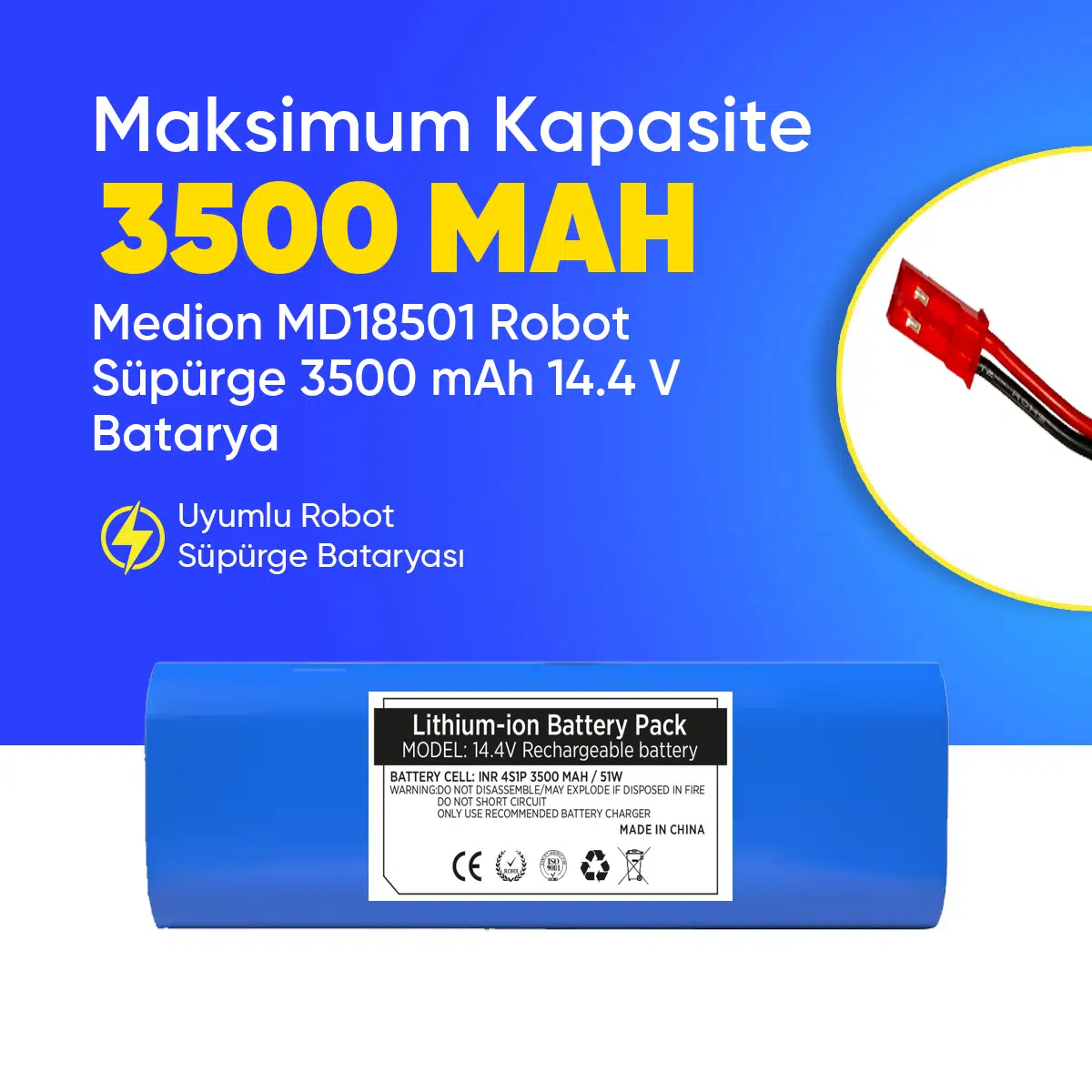 Medion MD18501 Robot Süpürge 3500 mAh 14.4 V Batarya – Orjinal Uyumlu Uzun Ömürlü, Yüksek Performans Pil