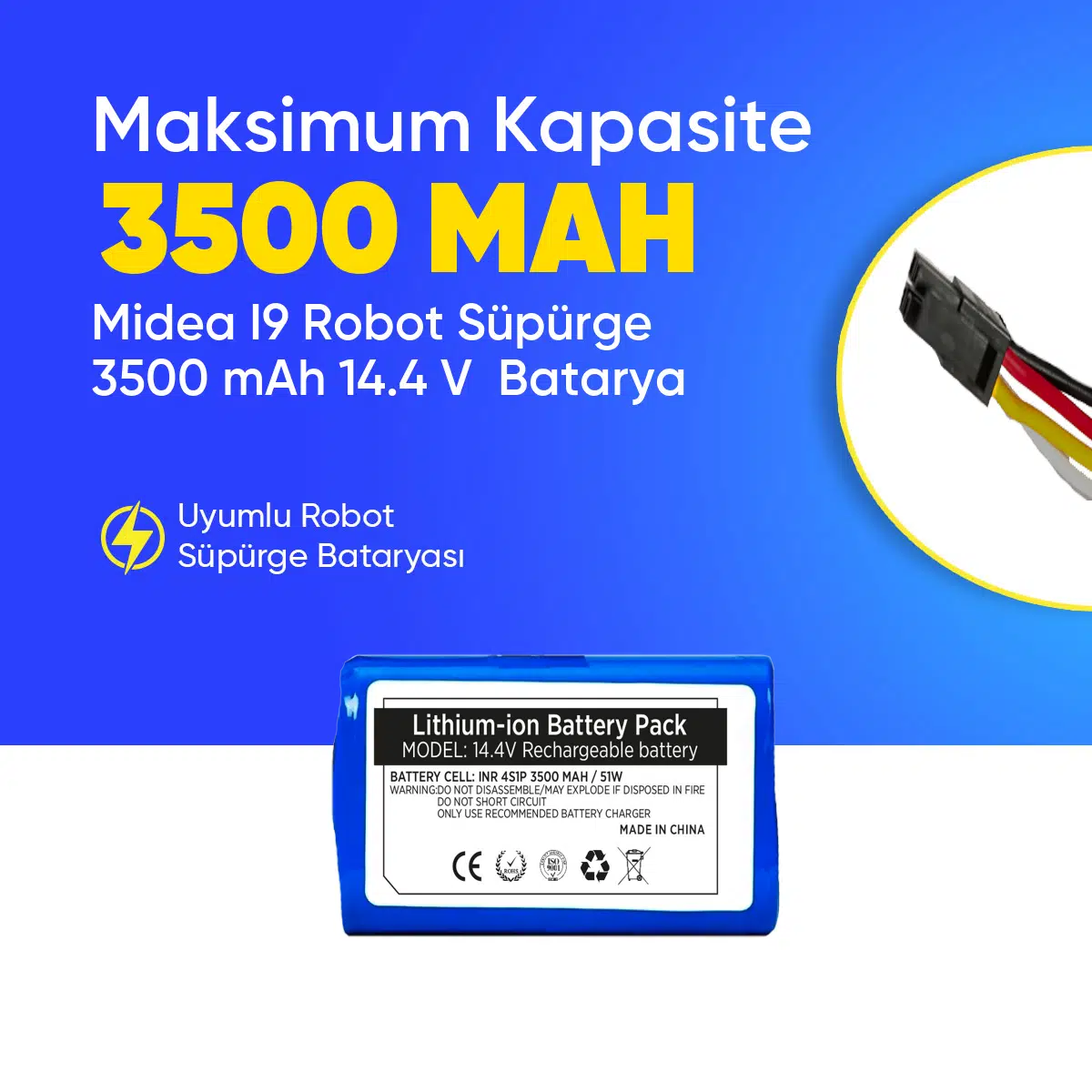 Midea I9 Robot Süpürge 3500 mAh 14.4 V Batarya – Orjinal Uyumlu Uzun Ömürlü, Yüksek Performans Pil