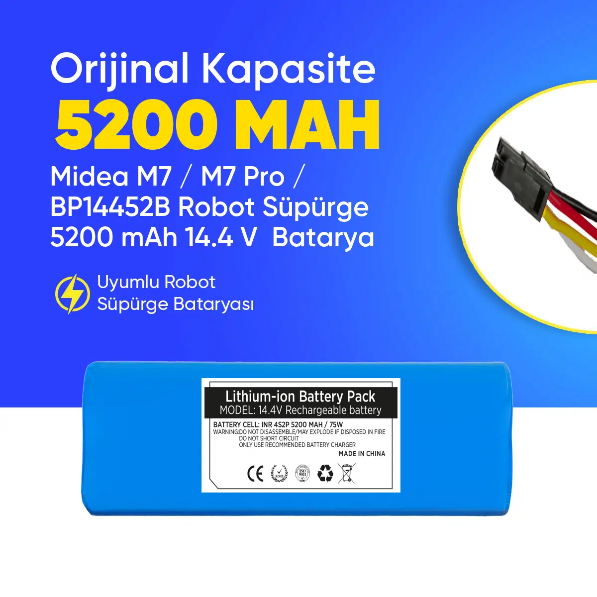 Midea M7 / M7 Pro / BP14452B Robot Süpürge 5200 mAh 14.4 V Batarya – Orjinal Uyumlu Uzun Ömürlü, Yüksek Performans Pil