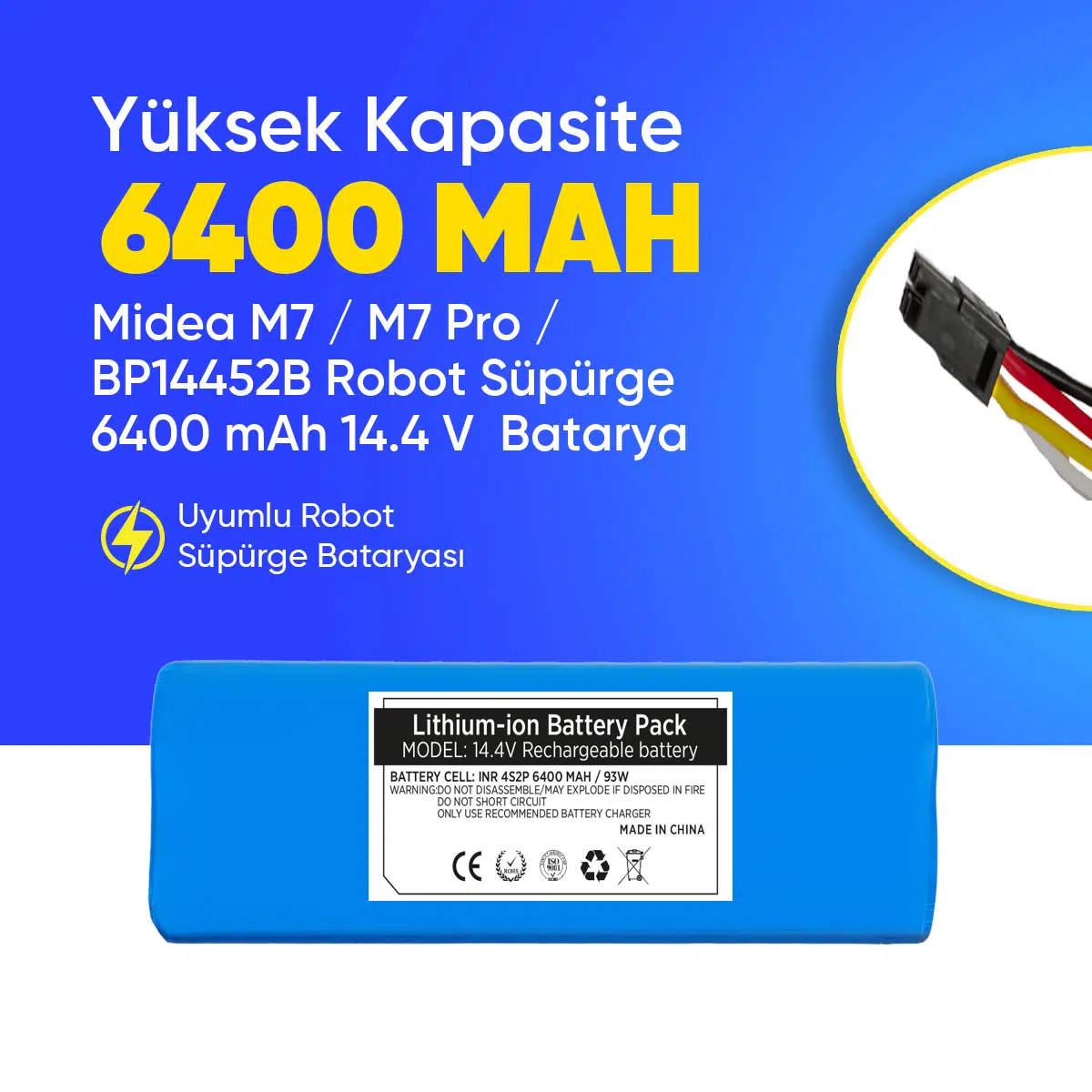 Midea M7 / M7 Pro / BP14452B Robot Süpürge 6400 mAh 14.4 V Batarya – Orjinal Uyumlu Uzun Ömürlü, Yüksek Performans Pil