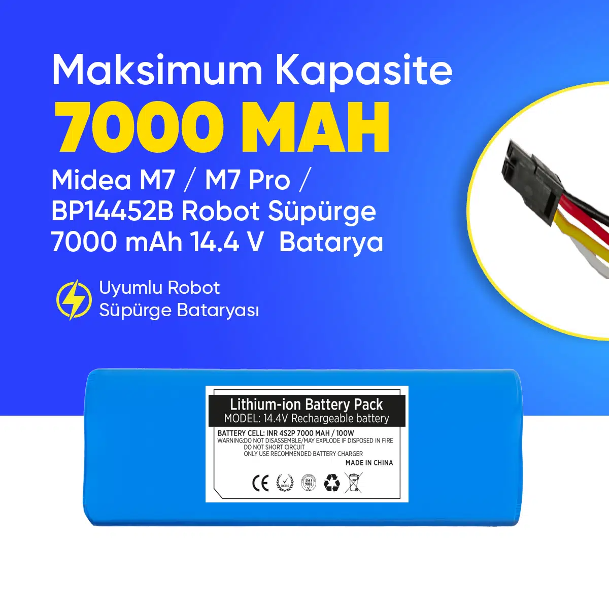 Midea M7 / M7 Pro / BP14452B Robot Süpürge 7000 mAh 14.4 V Batarya – Orjinal Uyumlu Uzun Ömürlü, Yüksek Performans Pil