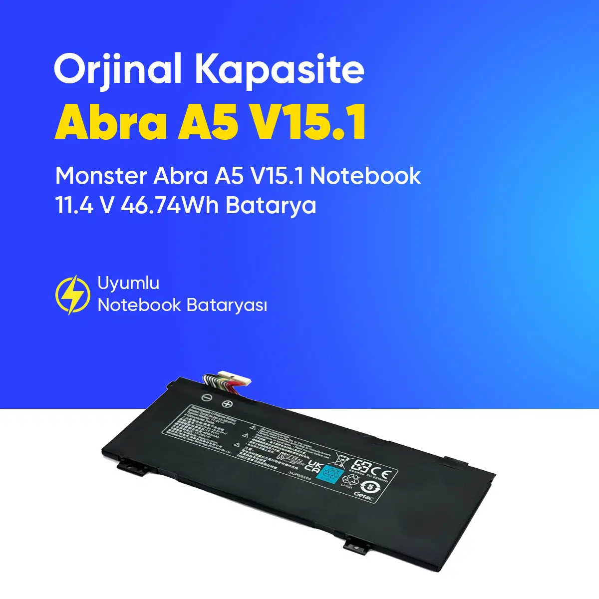 Monster Abra A5 V15.1 Notebook 11.4 V 46.74Wh Batarya – Orjinal Uyumlu, Yüksek Performanslı