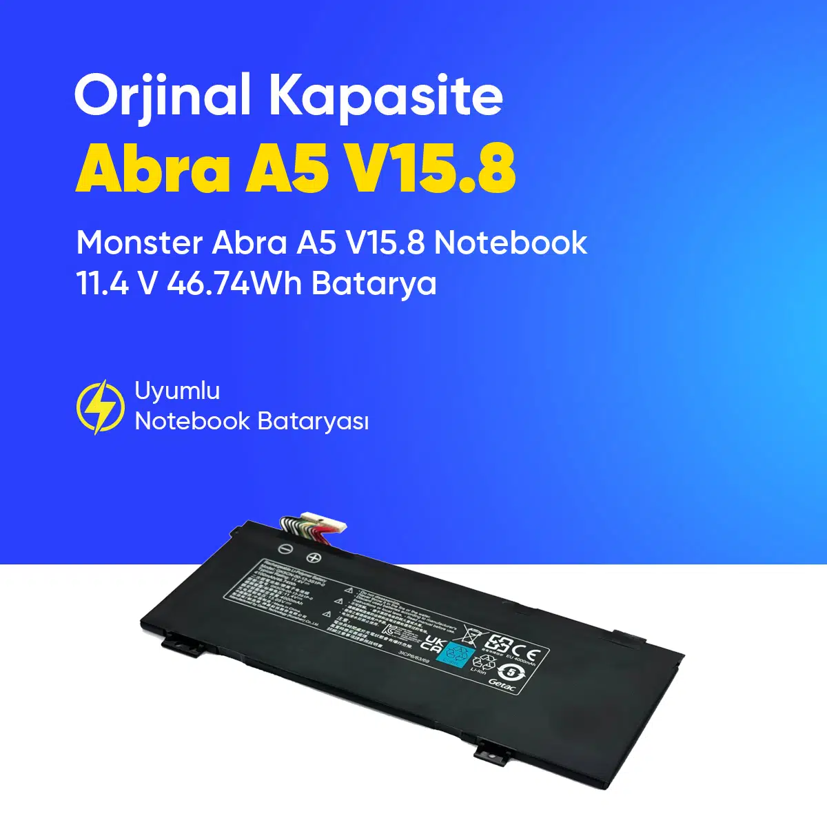 Monster Abra A5 V15.8 Notebook 11.4 V 46.74Wh Batarya – Orjinal Uyumlu, Yüksek Performanslı