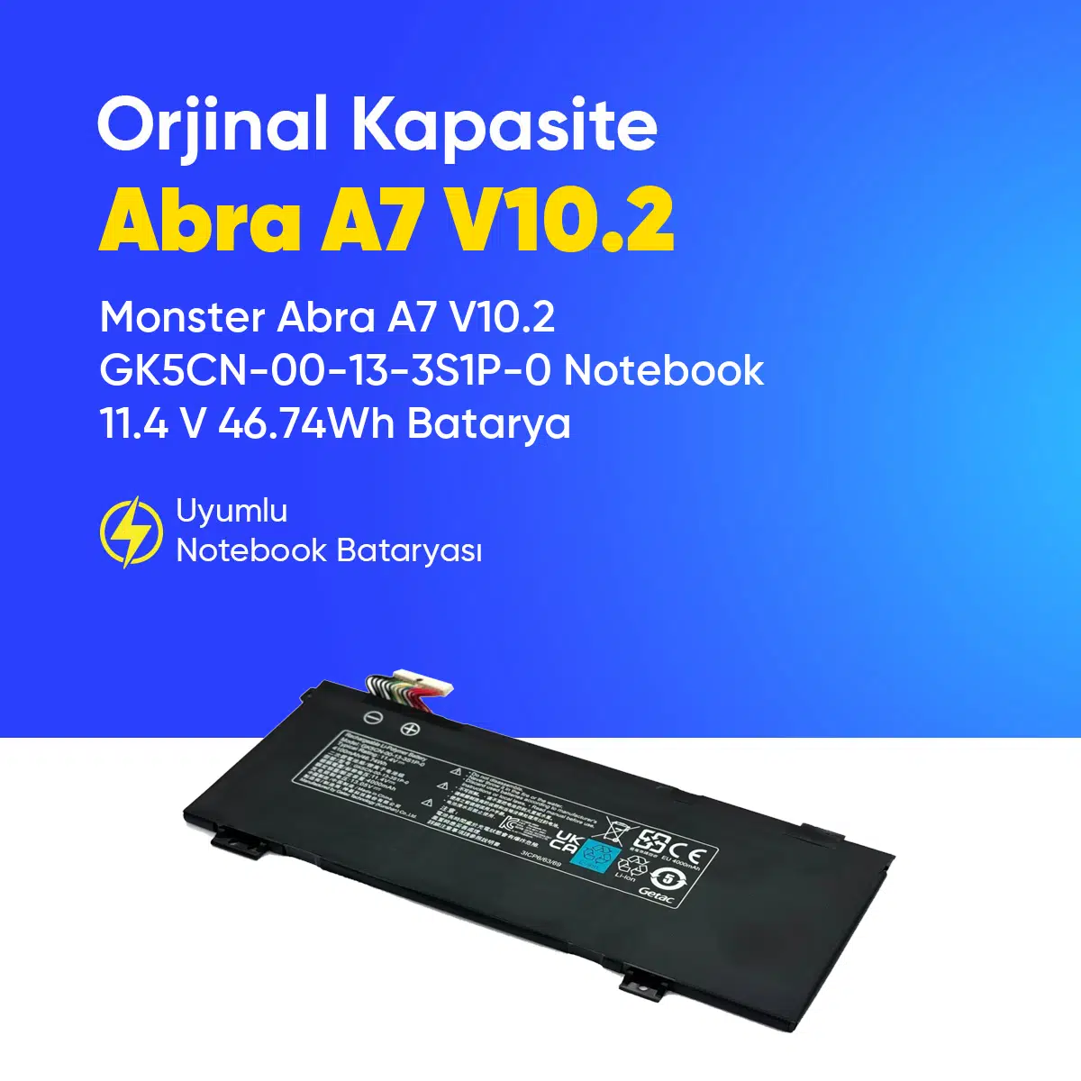 Monster Abra A7 V10.2 GK5CN-00-13-3S1P-0 Notebook 11.4 V 46.74Wh Batarya – Orjinal Uyumlu, Yüksek Performanslı