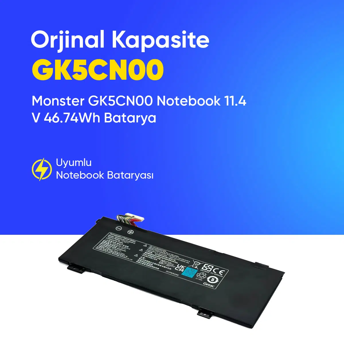 Monster GK5CN00 Notebook 11.4 V 46.74Wh Batarya – Orjinal Uyumlu, Yüksek Performanslı