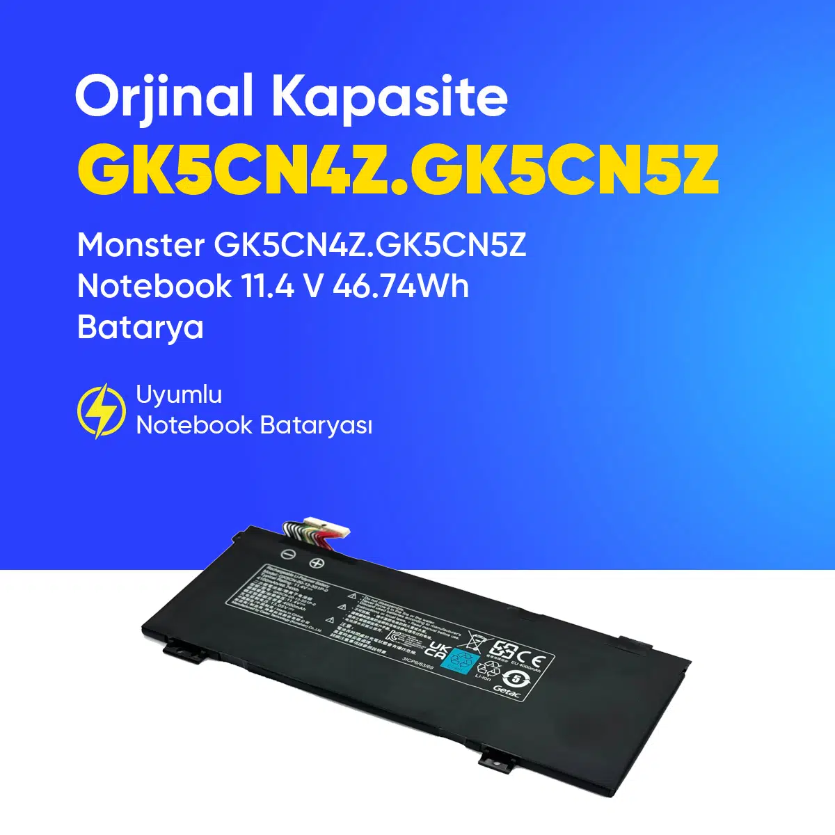 Monster GK5CN4Z.GK5CN5Z Notebook 11.4 V 46.74Wh Batarya – Orjinal Uyumlu, Yüksek Performanslı