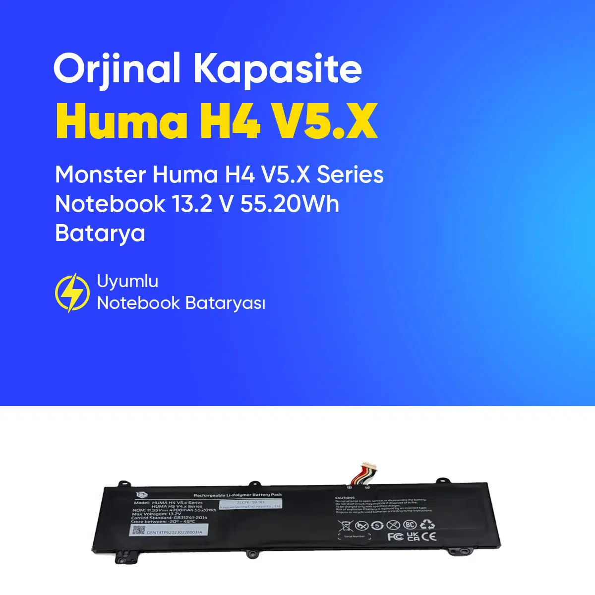 Monster Huma H4 V5.X Series Notebook 13.2 V 55.20Wh Batarya – Orjinal Uyumlu, Yüksek Performanslı