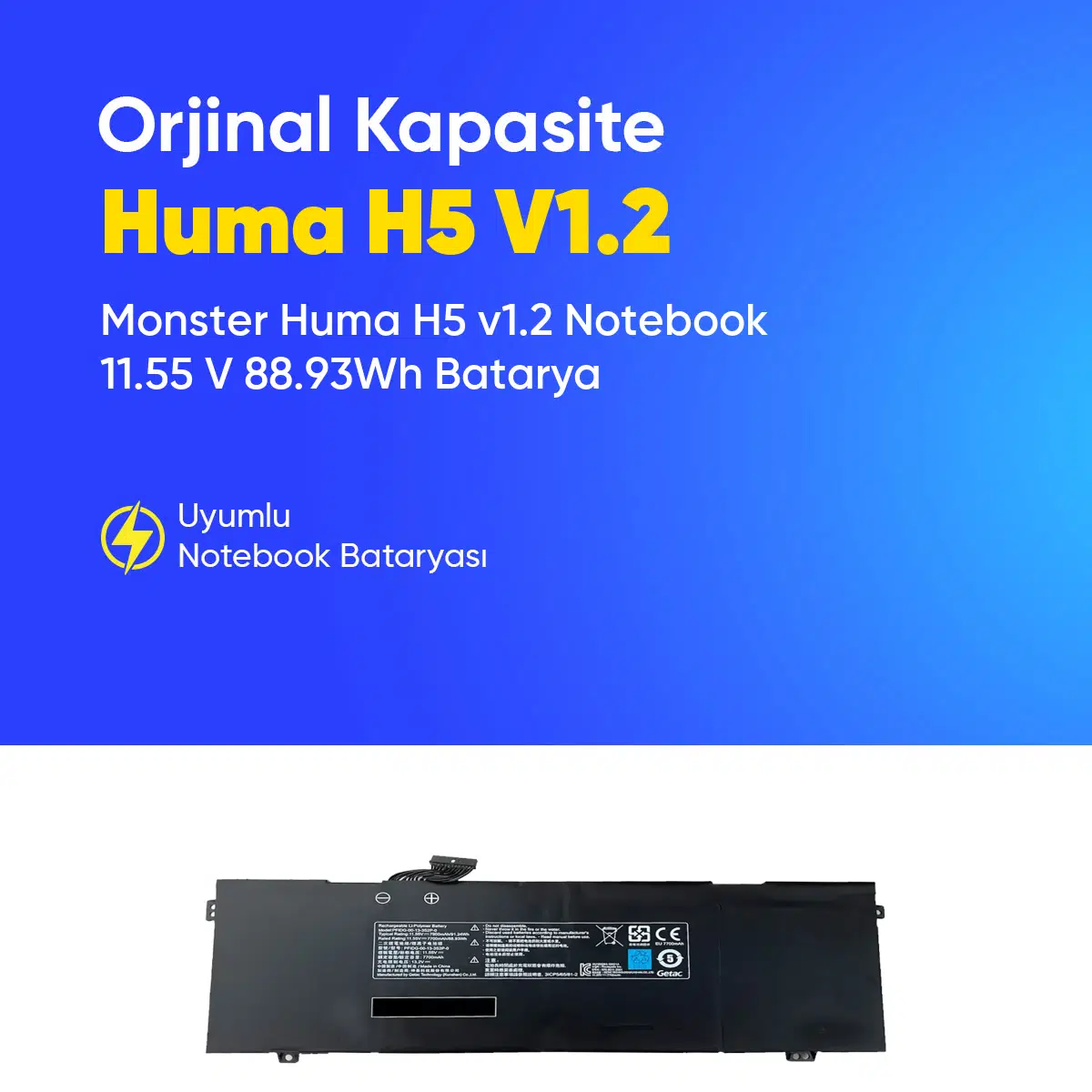 Monster Huma H5 v1.2 Notebook 11.55 V 88.93Wh Batarya – Orjinal Uyumlu, Yüksek Performanslı