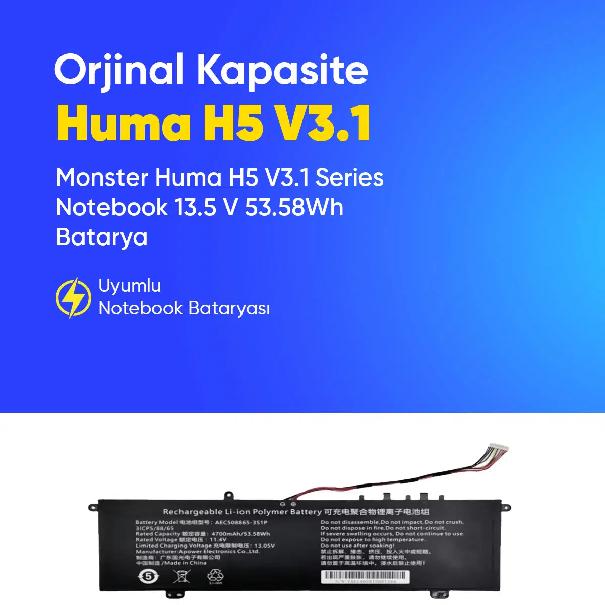 Monster Huma H5 V3.1 Series Notebook 13.5 V 53.58Wh Batarya – Orjinal Uyumlu, Yüksek Performanslı