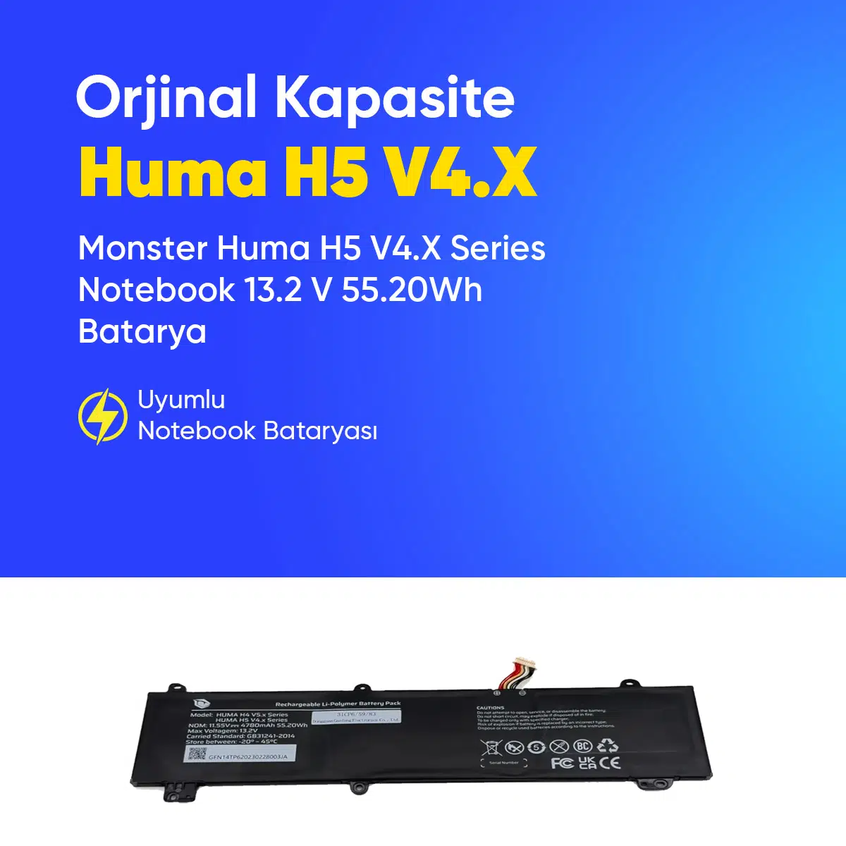Monster Huma H5 V4.X Series Notebook 13.2 V 55.20Wh Batarya – Orjinal Uyumlu, Yüksek Performanslı