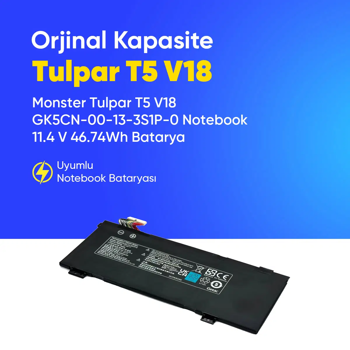Monster Tulpar T5 V18 GK5CN-00-13-3S1P-0 Notebook 11.4 V 46.74Wh Batarya – Orjinal Uyumlu, Yüksek Performanslı