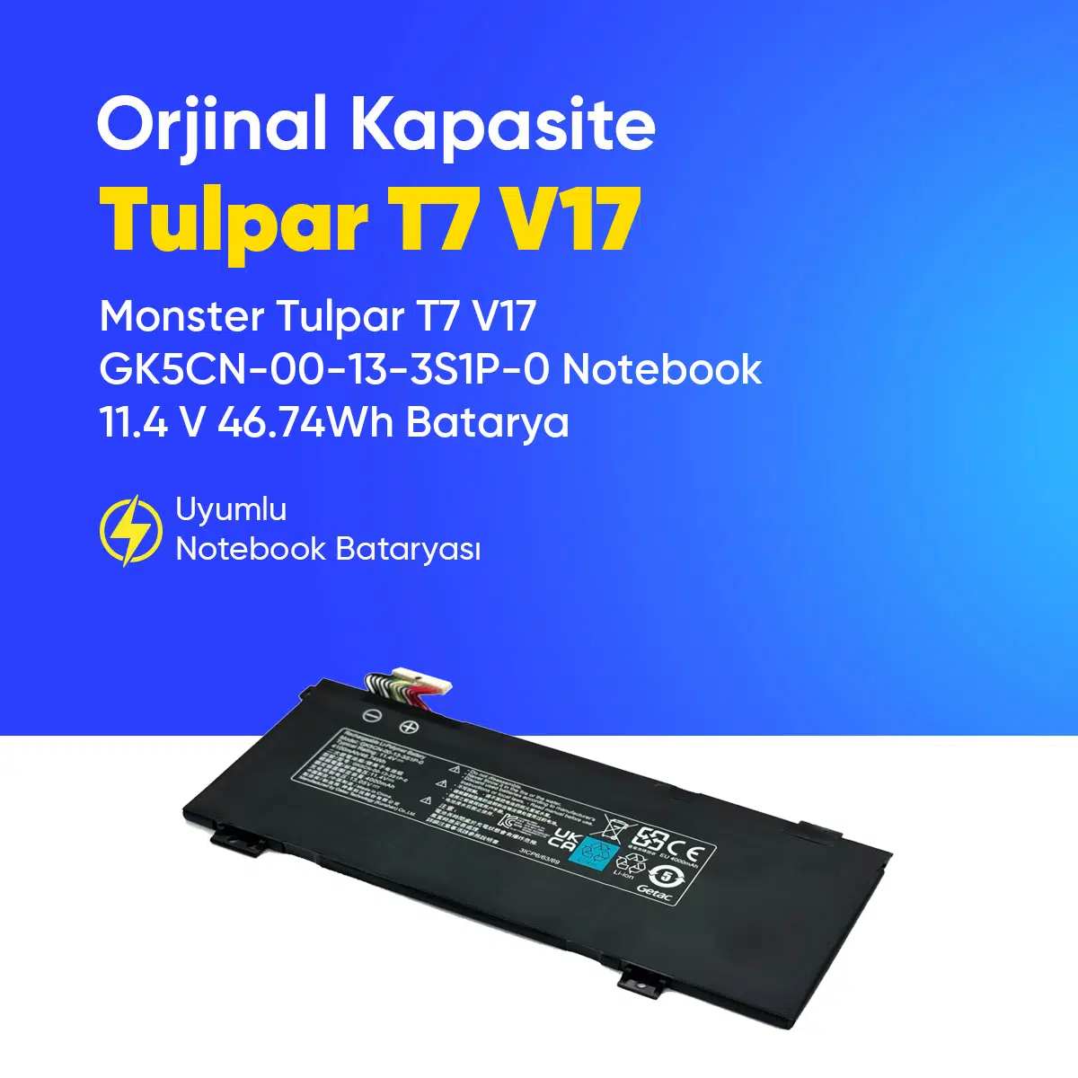 Monster Tulpar T7 V17 GK5CN-00-13-3S1P-0 Notebook 11.4 V 46.74Wh Batarya – Orjinal Uyumlu, Yüksek Performanslı