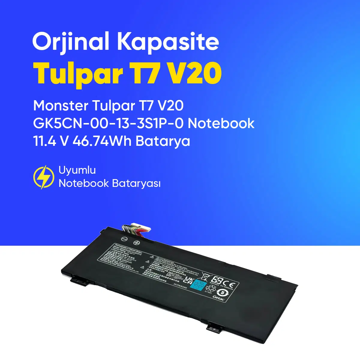 Monster Tulpar T7 V20 GK5CN-00-13-3S1P-0 Notebook 11.4 V 46.74Wh Batarya – Orjinal Uyumlu, Yüksek Performanslı