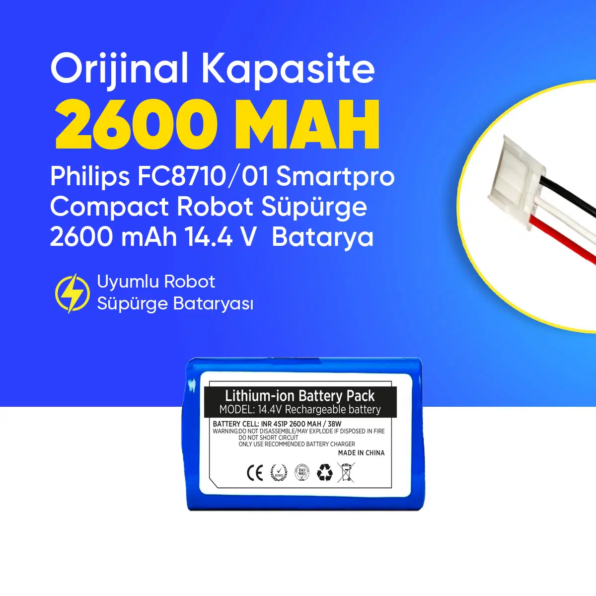 Philips FC8710/01 Smartpro Compact Robot Süpürge 2600 mAh 14.4 V Batarya – Orjinal Uyumlu Uzun Ömürlü, Yüksek Performans Pil