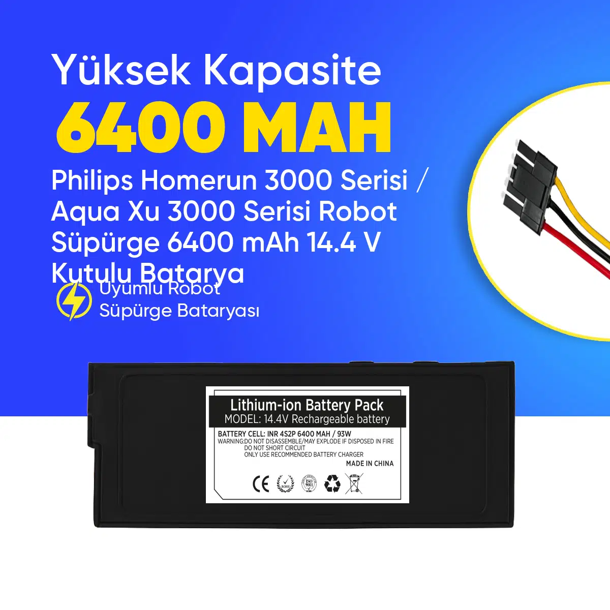 Philips Homerun 3000 Serisi / Aqua Xu 3000 Serisi Robot Süpürge 6400 mAh 14.4 V Kutulu Batarya – Orjinal Uyumlu Uzun Ömürlü, Yüksek Performans Pil