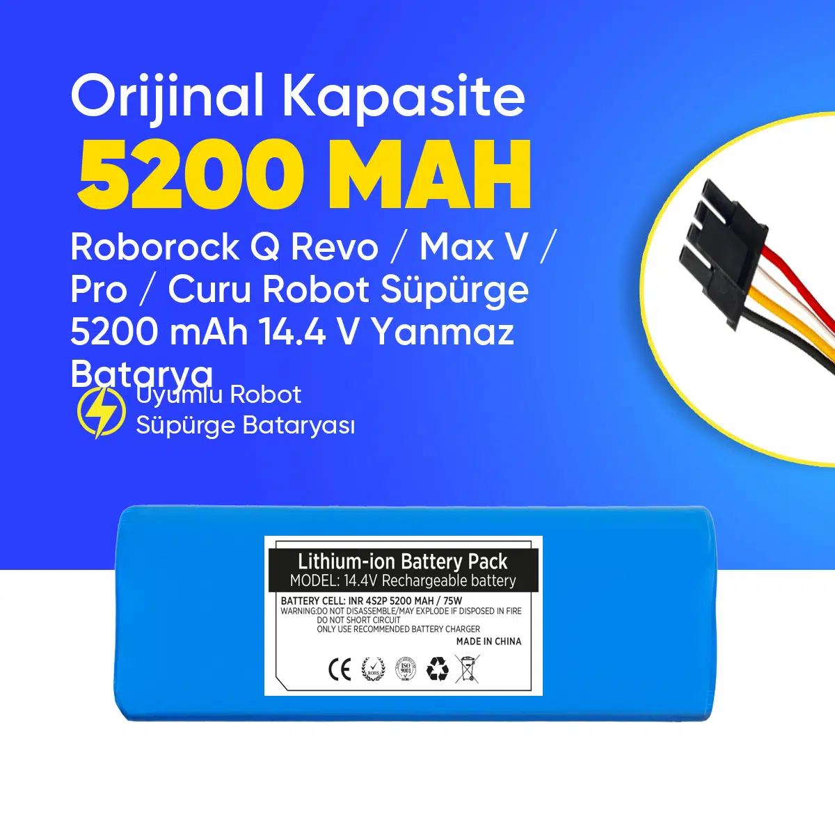 Roborock Q Revo / Max V / Pro / Curu Robot Süpürge 5200 mAh 14.4 V Yanmaz Batarya – Orjinal Uyumlu Uzun Ömürlü, Yüksek Performans Pil