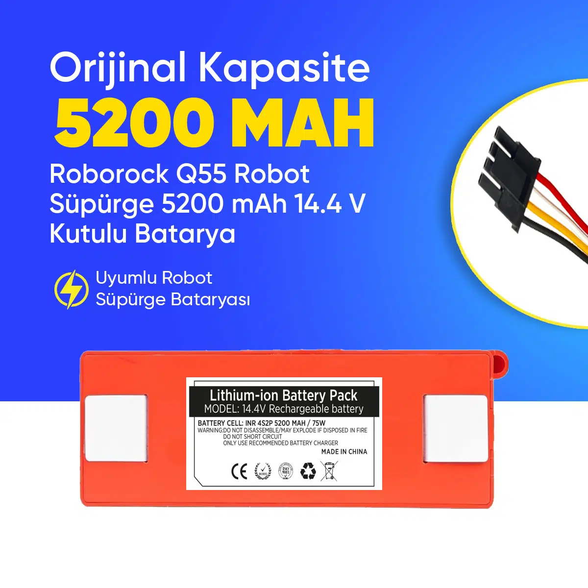 Roborock Q55 Robot Süpürge 5200 mAh 14.4 V Kutulu Batarya – Orjinal Uyumlu Uzun Ömürlü, Yüksek Performans Pil