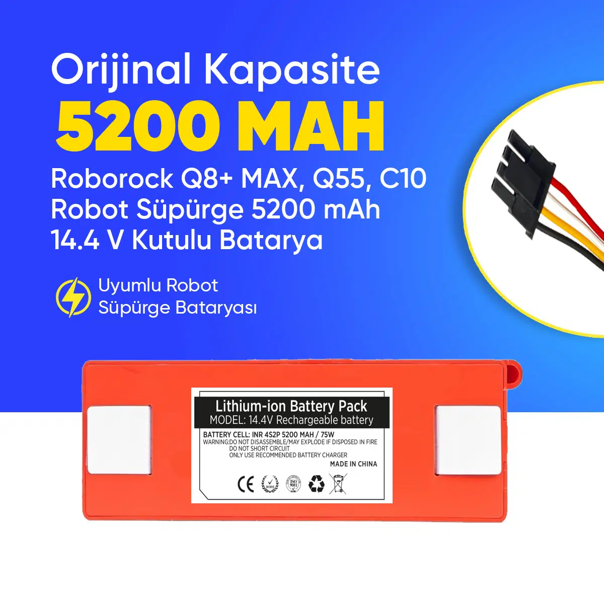 Roborock Q8+ MAX, Q55, C10 Robot Süpürge 5200 mAh 14.4 V Kutulu Batarya – Orjinal Uyumlu Uzun Ömürlü, Yüksek Performans Pil