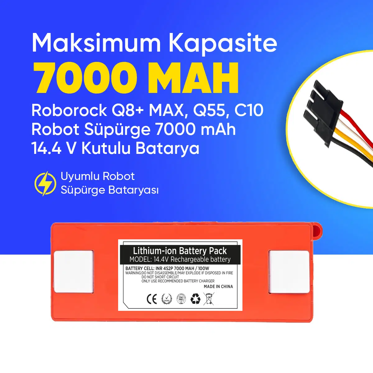 Roborock Q8+ MAX, Q55, C10 Robot Süpürge 7000 mAh 14.4 V Kutulu Batarya – Orjinal Uyumlu Uzun Ömürlü, Yüksek Performans Pil