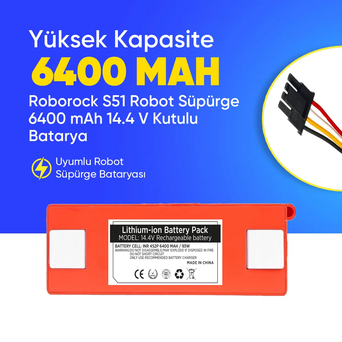 Roborock S51 Robot Süpürge 6400 mAh 14.4 V Kutulu Batarya – Orjinal Uyumlu Uzun Ömürlü, Yüksek Performans Pil