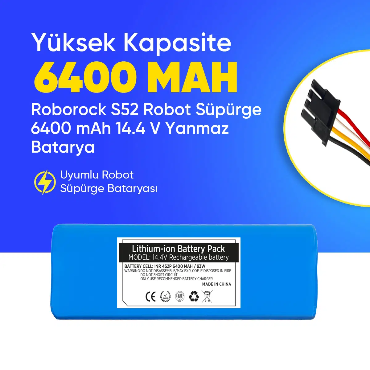 Roborock S52 Robot Süpürge 6400 mAh 14.4 V Yanmaz Batarya – Orjinal Uyumlu Uzun Ömürlü, Yüksek Performans Pil