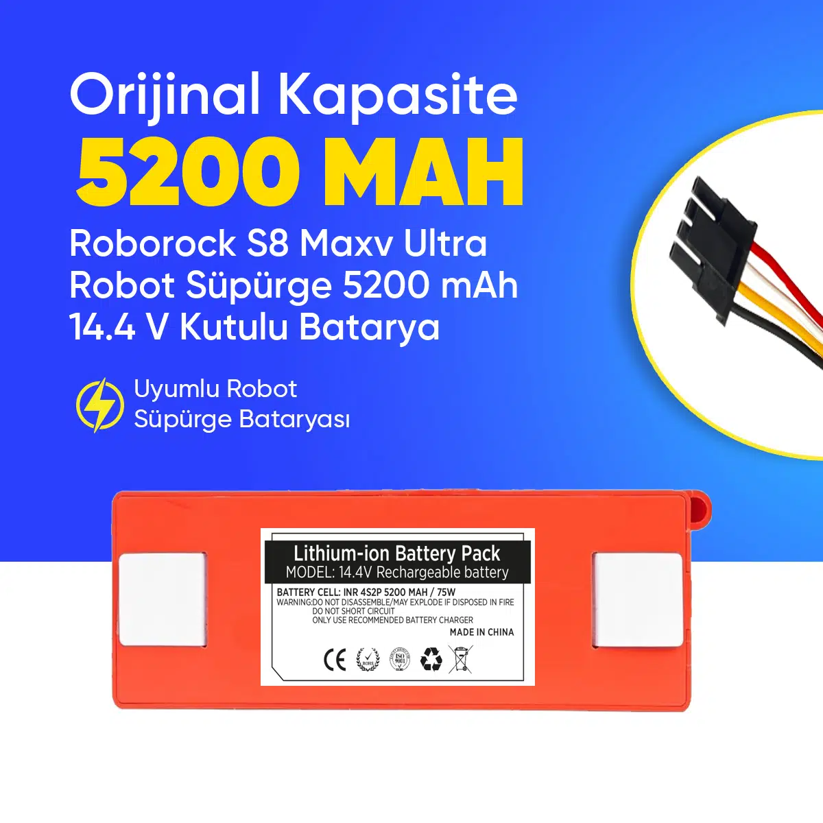 Roborock S8 Maxv Ultra Robot Süpürge 5200 mAh 14.4 V Kutulu Batarya – Orjinal Uyumlu Uzun Ömürlü, Yüksek Performans Pil