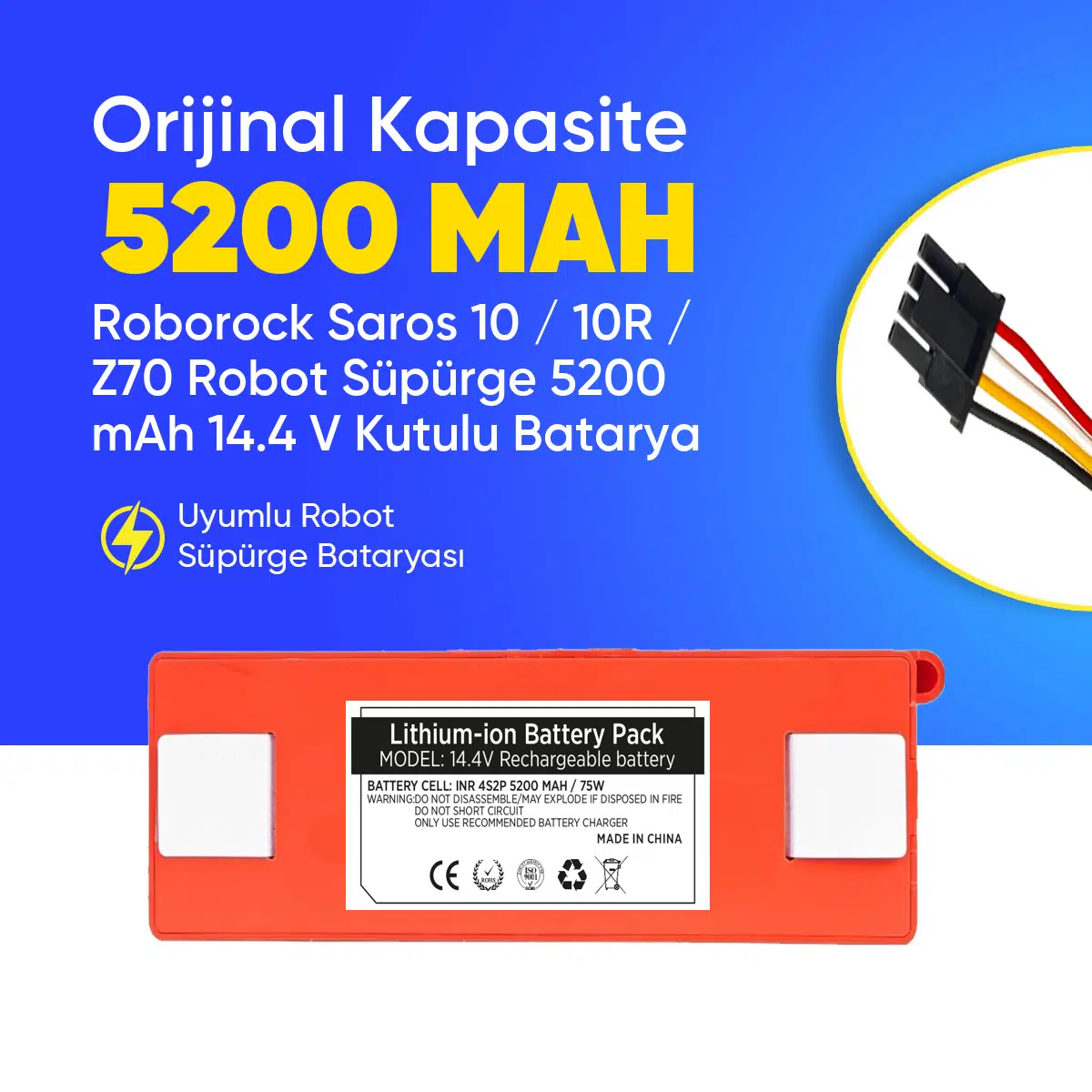 Roborock Saros 10 / 10R / Z70 Robot Süpürge 5200 mAh 14.4 V Kutulu Batarya – Orjinal Uyumlu Uzun Ömürlü, Yüksek Performans Pil