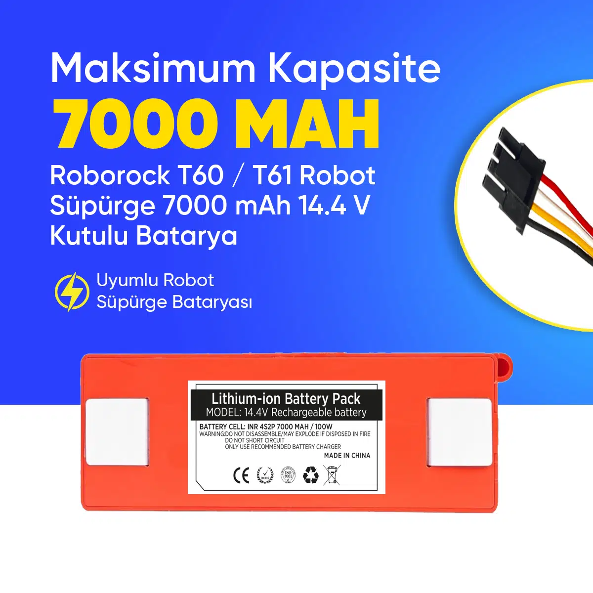 Roborock T60 / T61 Robot Süpürge 7000 mAh 14.4 V Kutulu Batarya – Orjinal Uyumlu Uzun Ömürlü, Yüksek Performans Pil