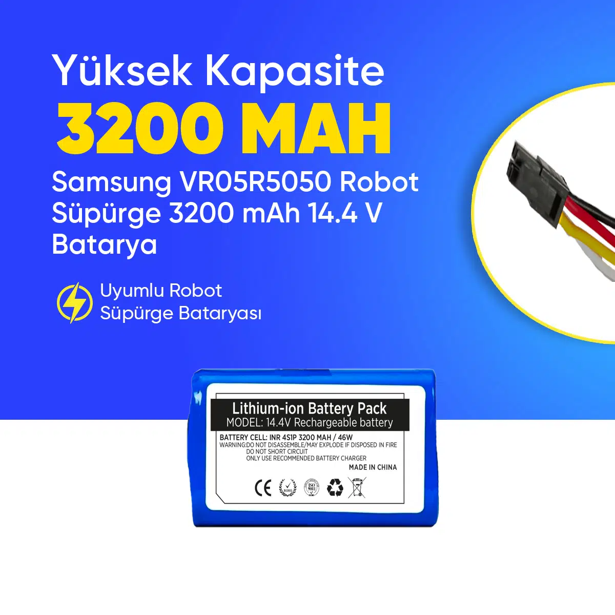 Samsung VR05R5050 Robot Süpürge 3200 mAh 14.4 V Batarya – Orjinal Uyumlu Uzun Ömürlü, Yüksek Performans Pil