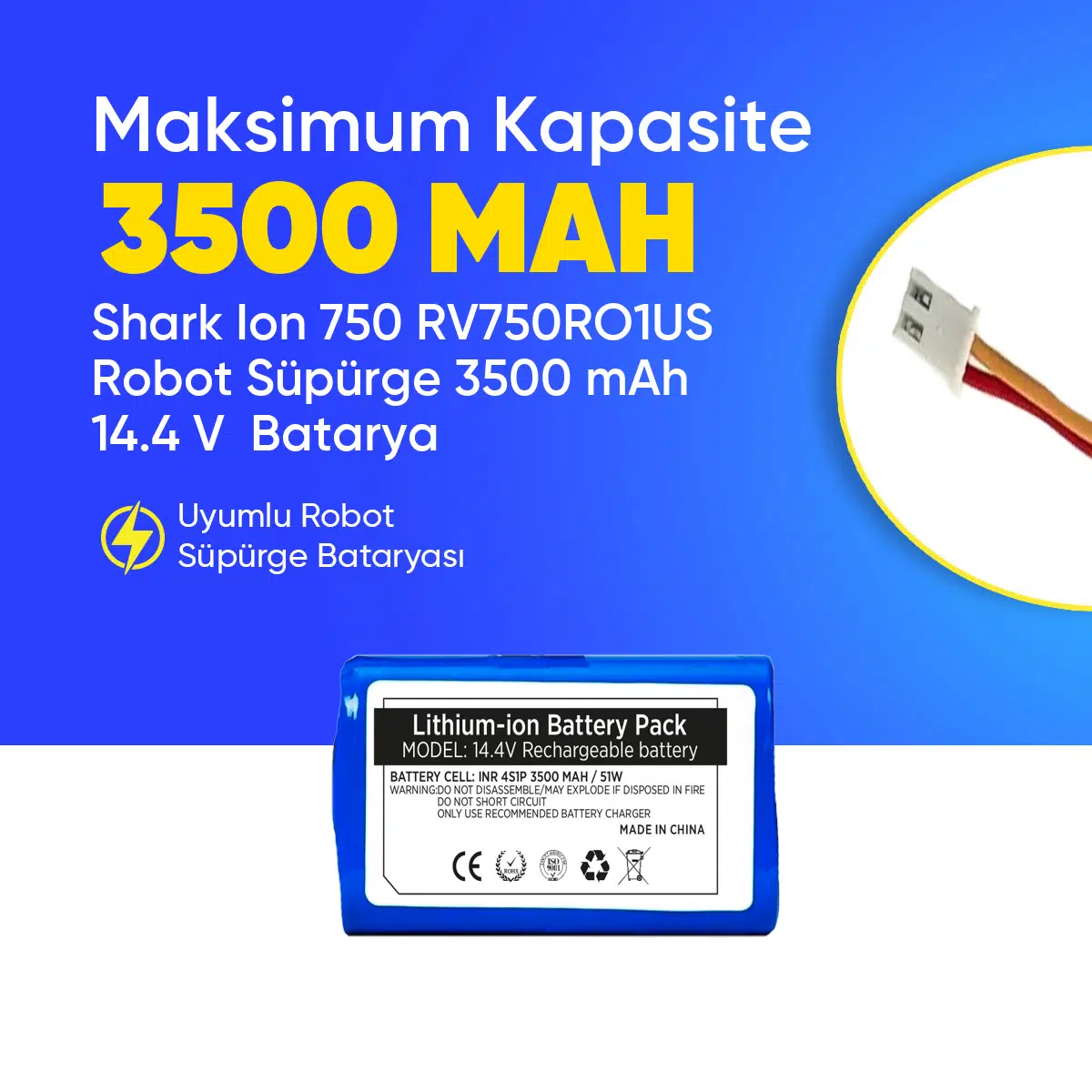 Shark Ion 750 RV750RO1US Robot Süpürge 3500 mAh 14.4 V Batarya – Orjinal Uyumlu Uzun Ömürlü, Yüksek Performans Pil