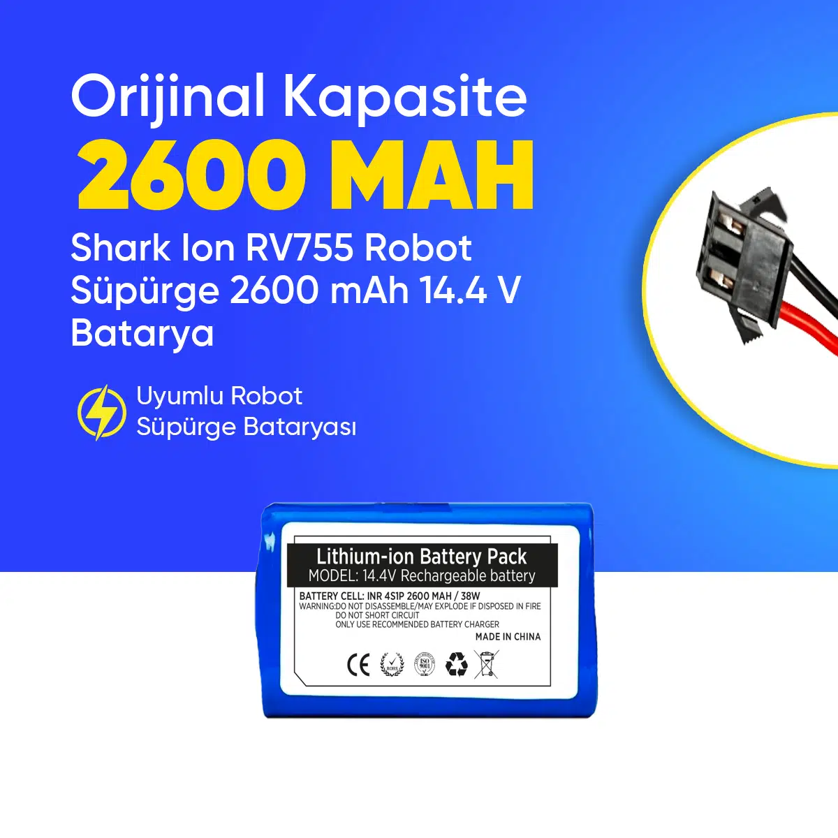 Shark Ion RV755 Robot Süpürge 2600 mAh 14.4 V Batarya – Orjinal Uyumlu Uzun Ömürlü, Yüksek Performans Pil