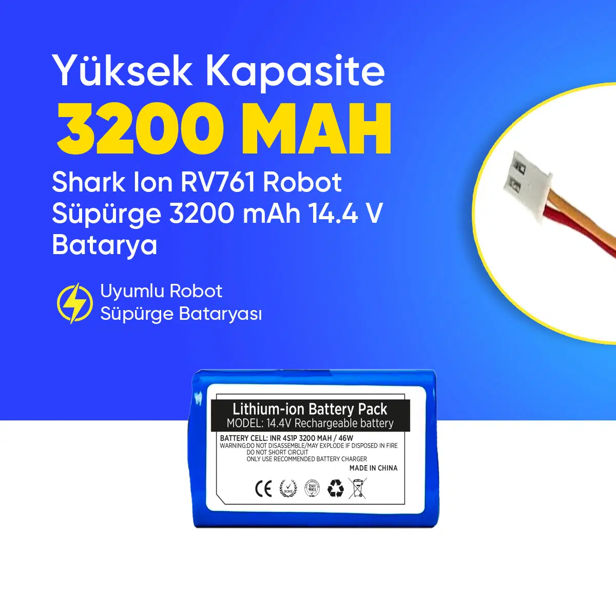Shark Ion RV761 Robot Süpürge 3200 mAh 14.4 V Batarya – Orjinal Uyumlu Uzun Ömürlü, Yüksek Performans Pil