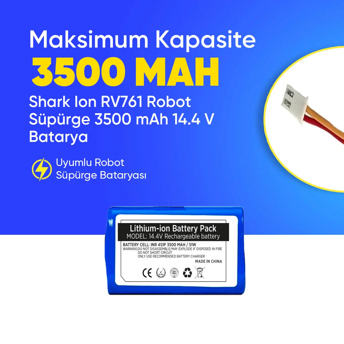 Shark Ion RV761 Robot Süpürge 3500 mAh 14.4 V Batarya – Orjinal Uyumlu Uzun Ömürlü, Yüksek Performans Pil