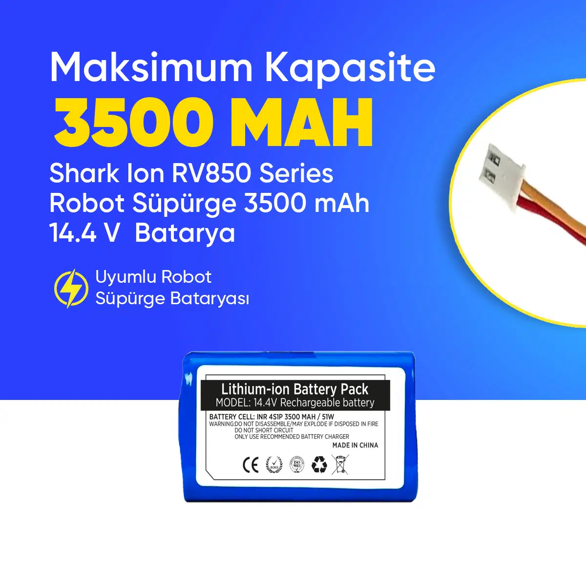 Shark Ion RV850 Series Robot Süpürge 3500 mAh 14.4 V Batarya – Orjinal Uyumlu Uzun Ömürlü, Yüksek Performans Pil