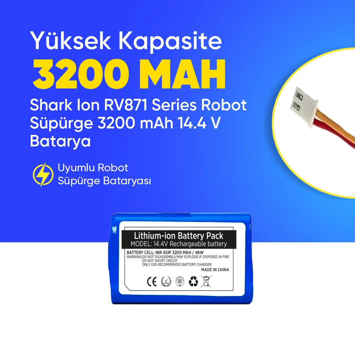 Shark Ion RV871 Series Robot Süpürge 3200 mAh 14.4 V Batarya – Orjinal Uyumlu Uzun Ömürlü, Yüksek Performans Pil