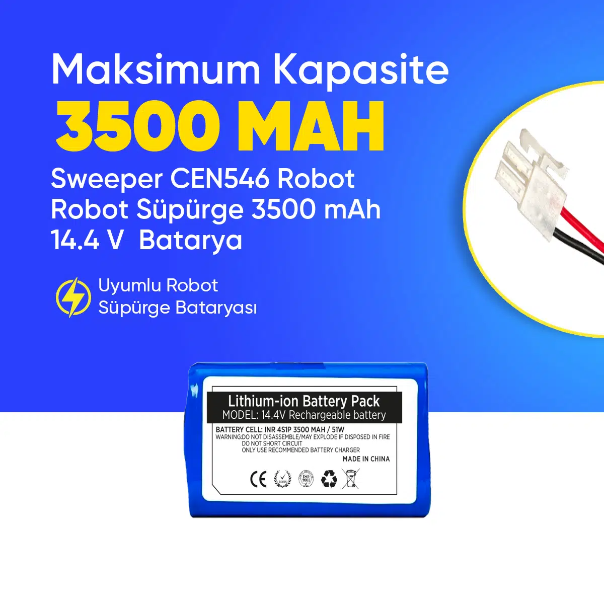 Sweeper CEN546 Robot Robot Süpürge 3500 mAh 14.4 V Batarya – Orjinal Uyumlu Uzun Ömürlü, Yüksek Performans Pil