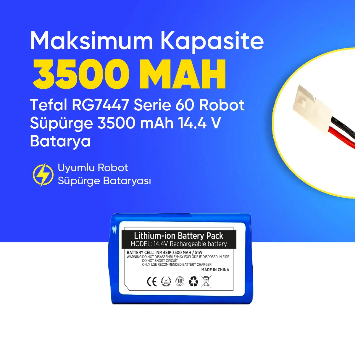 Tefal RG7447 Serie 60 Robot Süpürge 3500 mAh 14.4 V Batarya – Orjinal Uyumlu Uzun Ömürlü, Yüksek Performans Pil