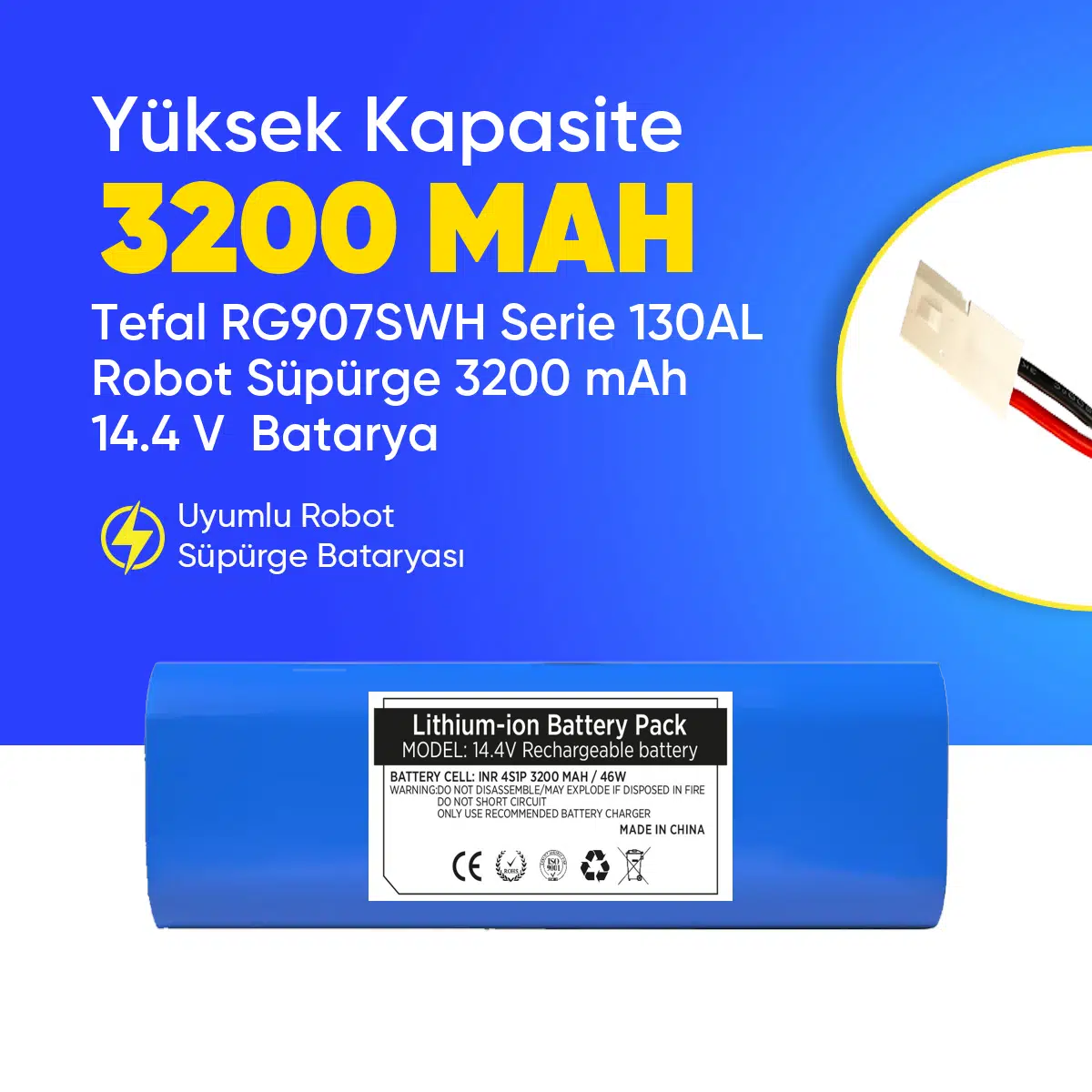 Tefal RG907SWH Serie 130AL Robot Süpürge 3200 mAh 14.4 V Batarya – Orjinal Uyumlu Uzun Ömürlü, Yüksek Performans Pil