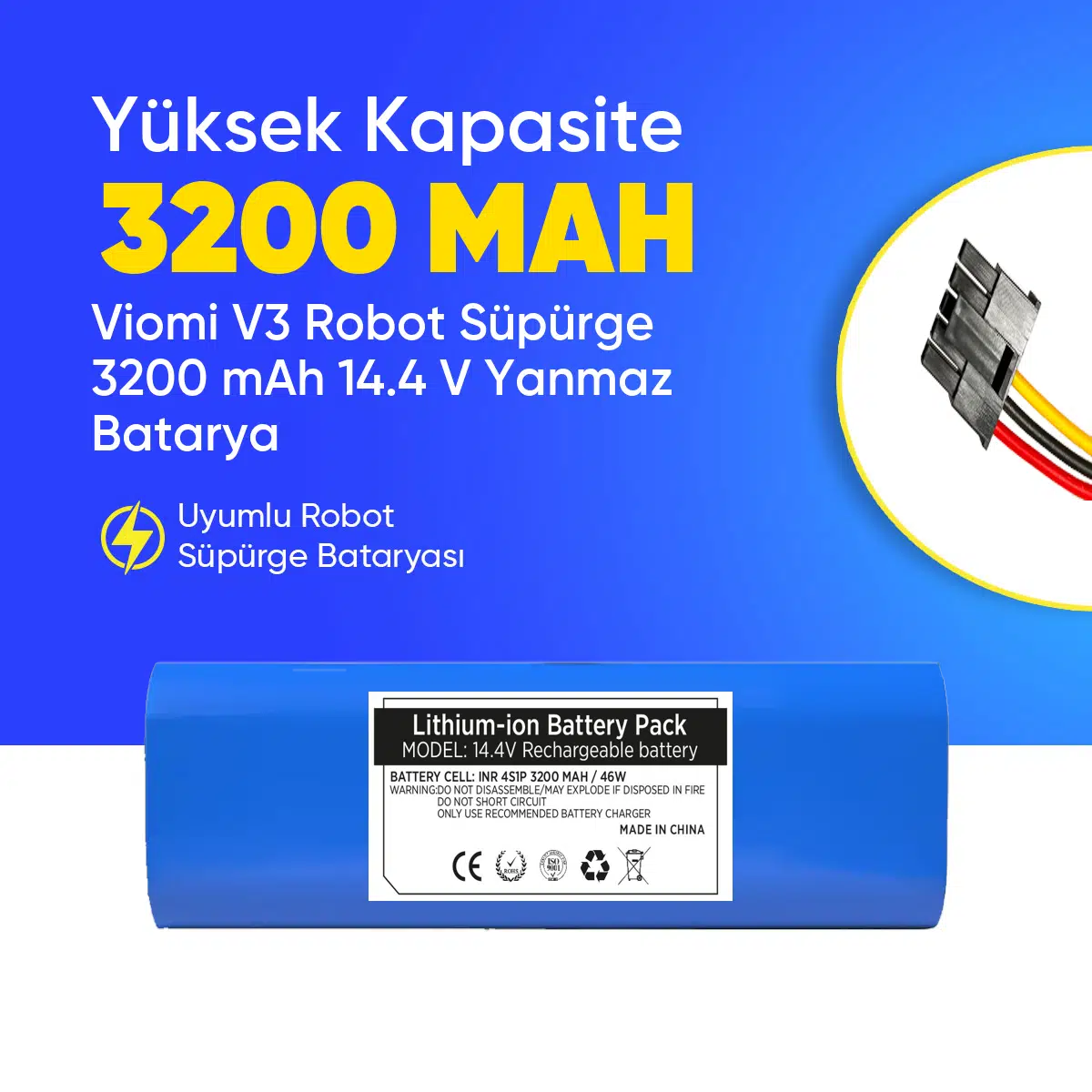 Viomi V3 Robot Süpürge 3200 mAh 14.4 V Yanmaz Batarya – Orjinal Uyumlu Uzun Ömürlü, Yüksek Performans Pil