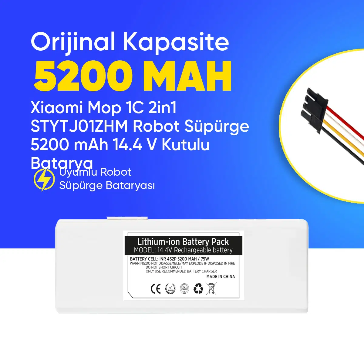Xiaomi Mop 1C 2in1 STYTJ01ZHM Robot Süpürge 5200 mAh 14.4 V Kutulu Batarya – Orjinal Uyumlu Uzun Ömürlü, Yüksek Performans Pil