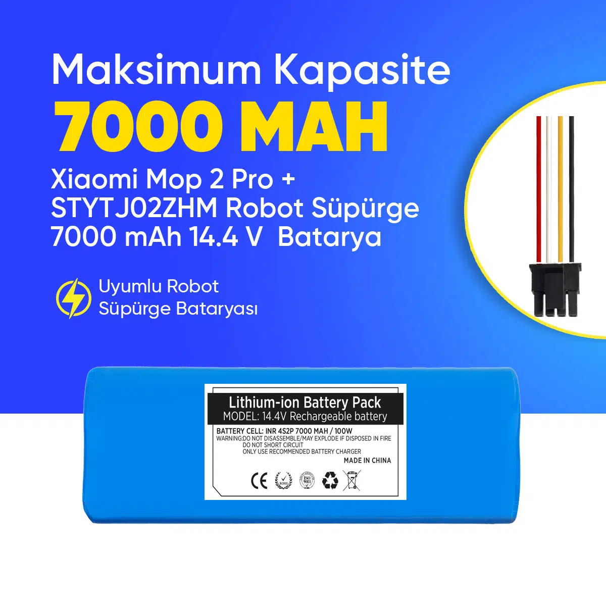 Xiaomi Mop 2 Pro + STYTJ02ZHM Robot Süpürge 7000 mAh 14.4 V Batarya – Orjinal Uyumlu Uzun Ömürlü, Yüksek Performans Pil