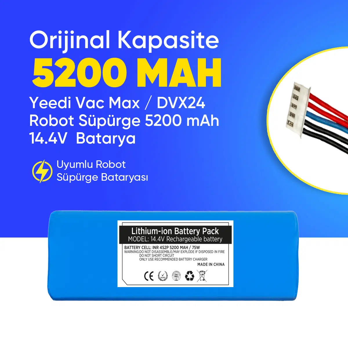 Yeedi Vac Max / DVX24 Robot Süpürge 5200 mAh 14.4V Batarya – Orjinal Uyumlu Uzun Ömürlü, Yüksek Performans Pil